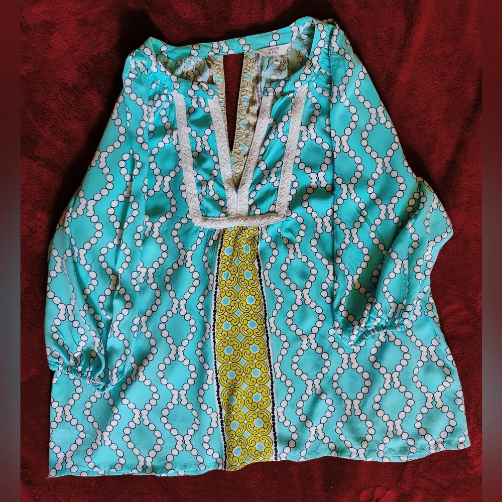 Crown & Ivy Petite Med Women's Casual Smock Top Aqua Mint Green Crochet Trim - Picture 2 of 10
